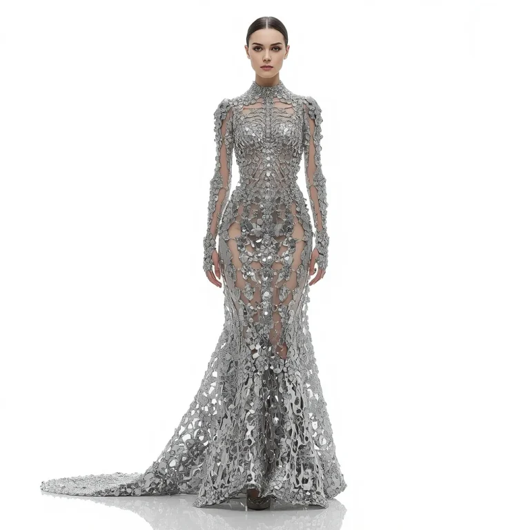 Avant-Garde Mechanical Couture Gown Featuring 3D Articulated Platinum Skeleton Layers | South Indian look prompt for Gemini — AI image prompt