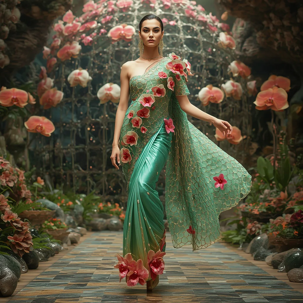 Bio-Lattice Crystal Orchid Hive Saree with Living Neural Garden Core | instagram trending purple saree prompt in english — AI image prompt
