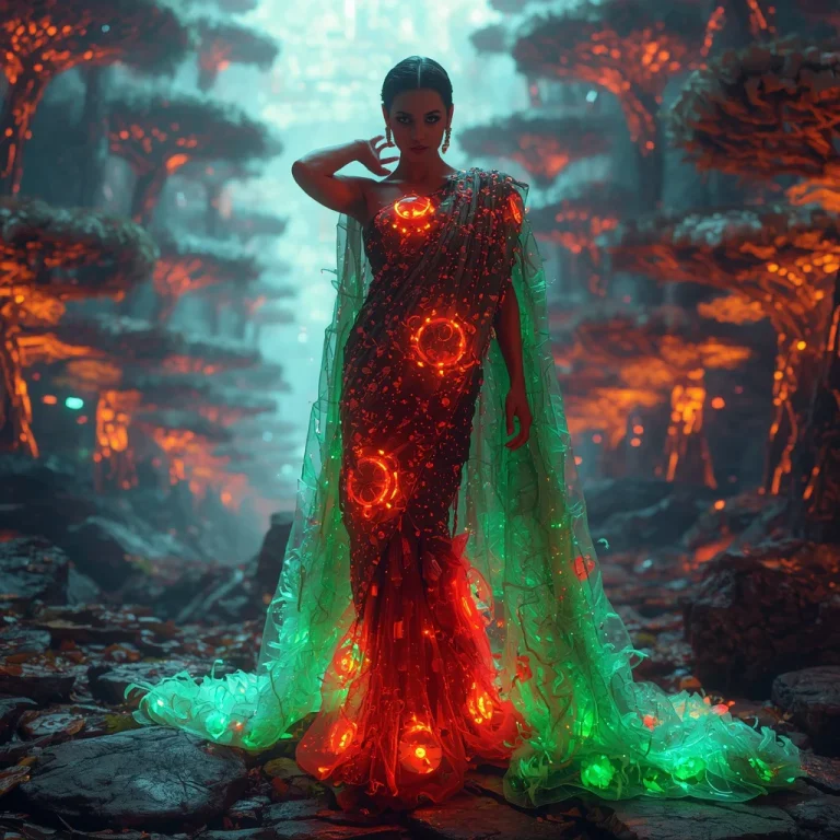Biomech Lava Plasma Forest Saree with Engine Crystal Growth Core | new trending purple saree prompt today — AI image prompt