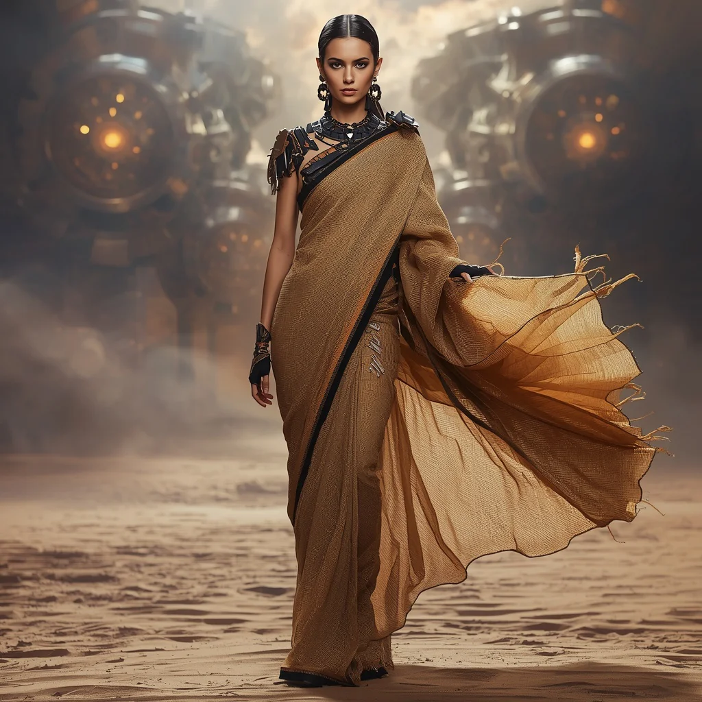 Crystal Sand Quantum Armor Saree with Mechanical Desert Singularity Core Field | instagram prompt for traditional look for girl in english — AI image prompt
