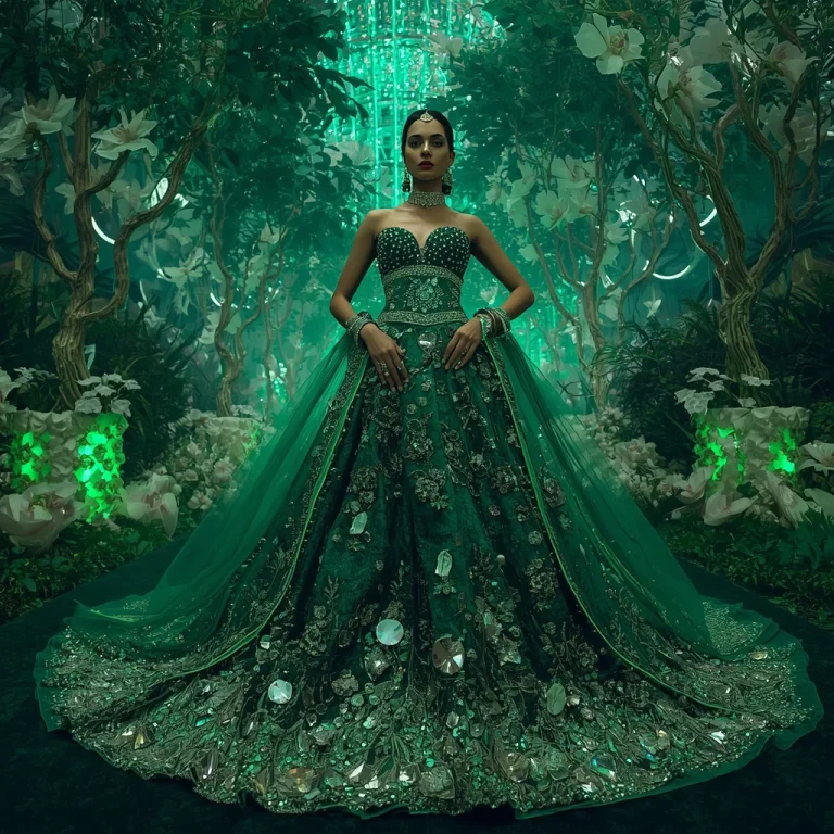 Emerald Crystal Forest Saree with Bioluminescent Nature Cathedral | prompt for girls college instagram — AI image prompt