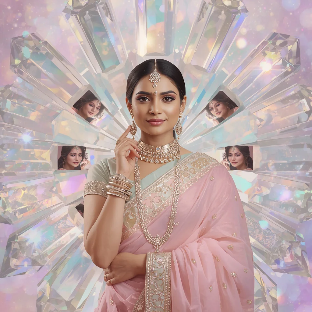 Festive Pastel Saree Crystal Aura Reflection Galaxy Collage Premium | chatgpt photo editing prompts for girl aesthetic — AI image prompt
