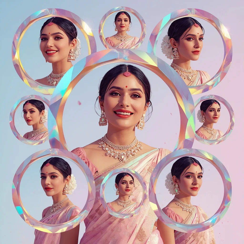 Festive Pastel Saree Floating Prism Reflection Rings Collage Premium | traditional saree prompt for girl instagram — AI image prompt