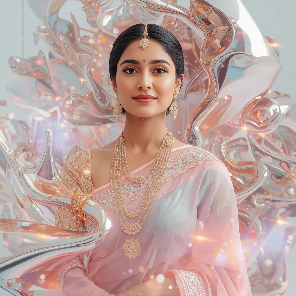 Festive Pastel Saree Liquid Chrome Prism Chamber Collage Luxury | prompt for girls in saree online — AI image prompt