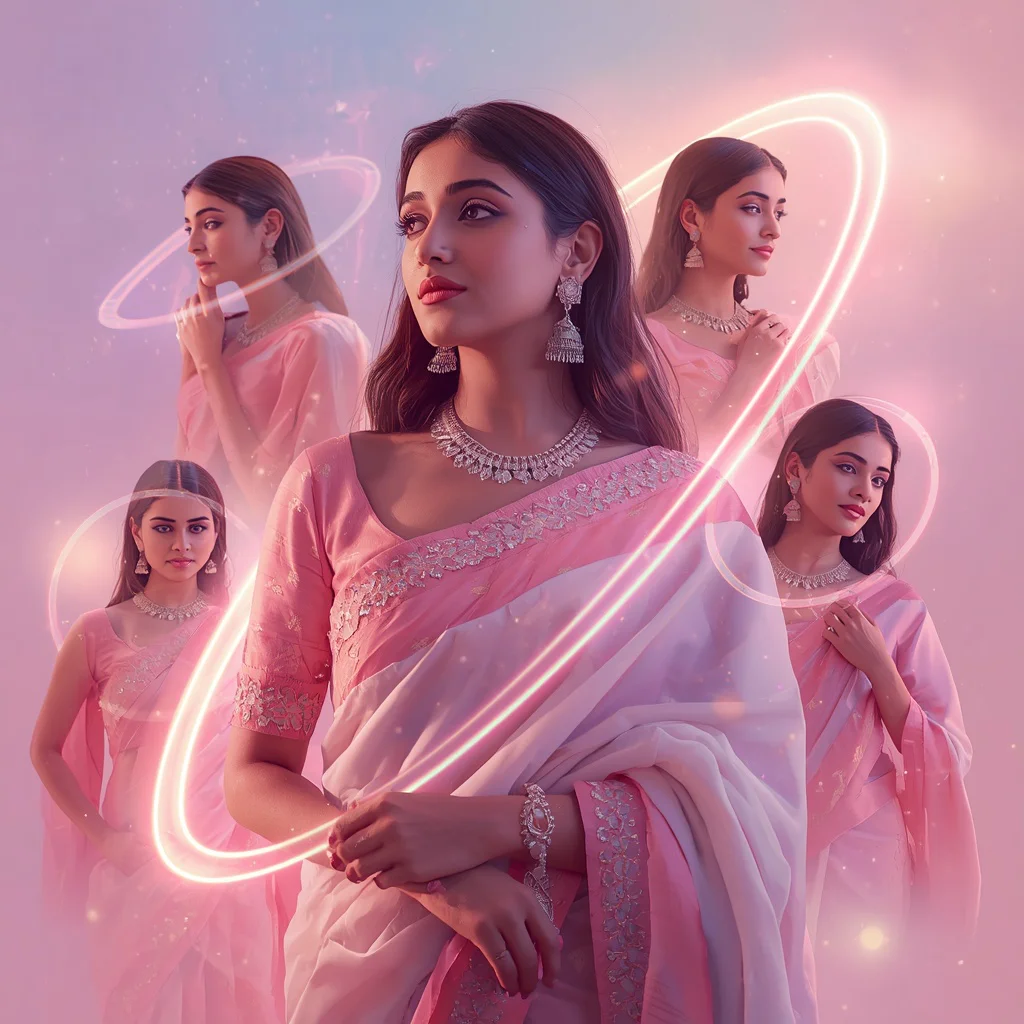 Festive Pastel Saree Neon Orbit Halo Reflection Collage Modern Cinematic | ai prompt text generator — AI image prompt