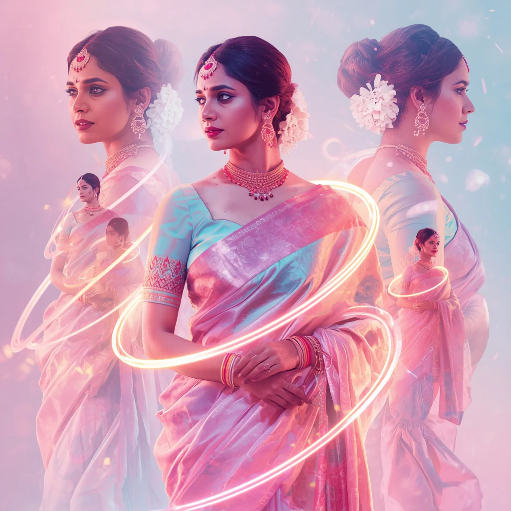 Festive Pastel Saree Neon Spiral Crystal Halo Collage Cinematic | instagram trending saree prompt for girl — AI image prompt