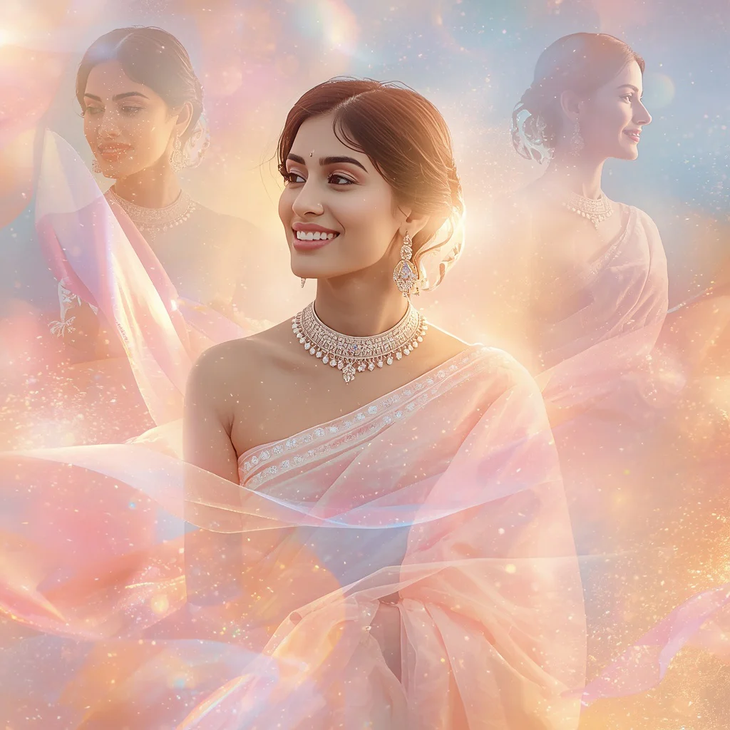 Festive Pastel Saree Soft Reflection Aura Universe Collage Cinematic | chatgpt photo editing prompts new — AI image prompt