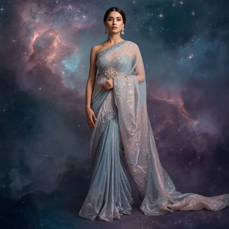 Galactic Silk Whisper Saree with Cosmic Dust Nebula | trending saree prompt for girl — AI image prompt