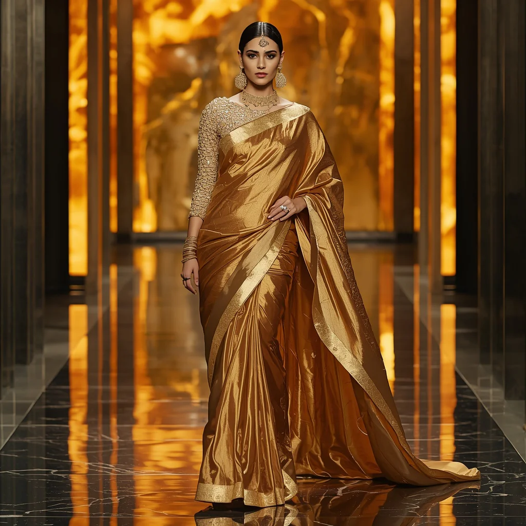 Golden Lava Queen Saree – Heavy Metallic Couture Saree with Catwalk Pose and Golden Flame Corridor Background | new ai prompt girl instagram — AI image prompt