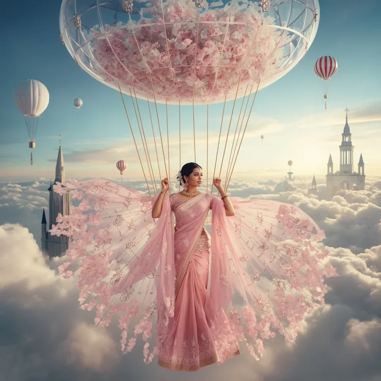 Grand Crystal Balloon City Saree With Fantasy Sky Couture Fashion Design | prompt for gemini ai saree look couple — AI image prompt