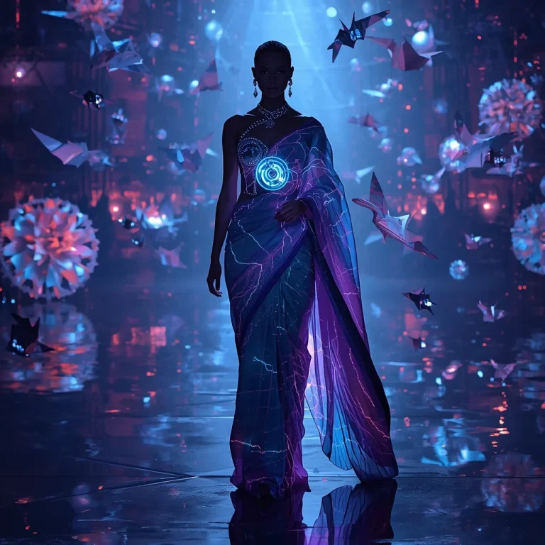 Infinite Neon Plasma Origami Universe Saree with Reality Code Expansion | prompt for girls college instagram — AI image prompt