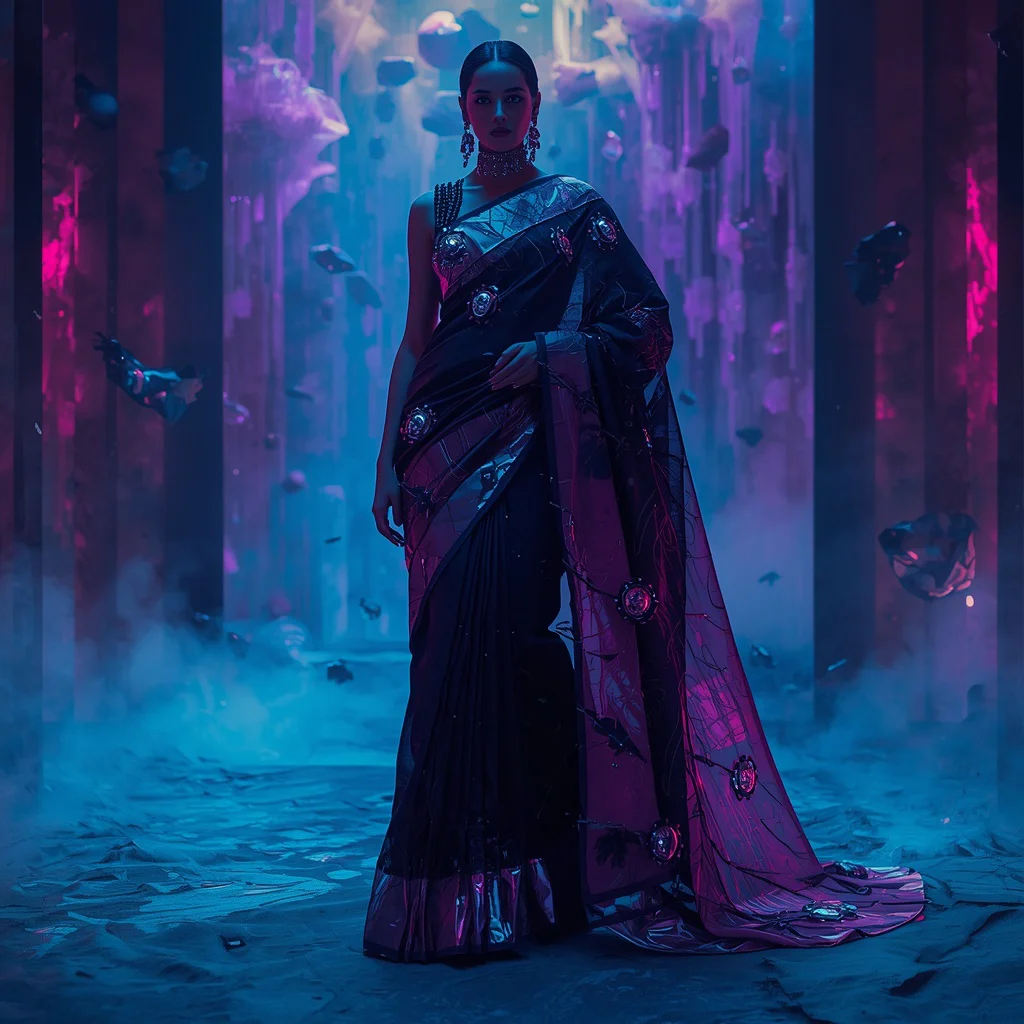 Liquid Shadow Plasma Crystal Desert Saree with Void Storm Engine Core | instagram prompt for traditional look for girl in english — AI image prompt