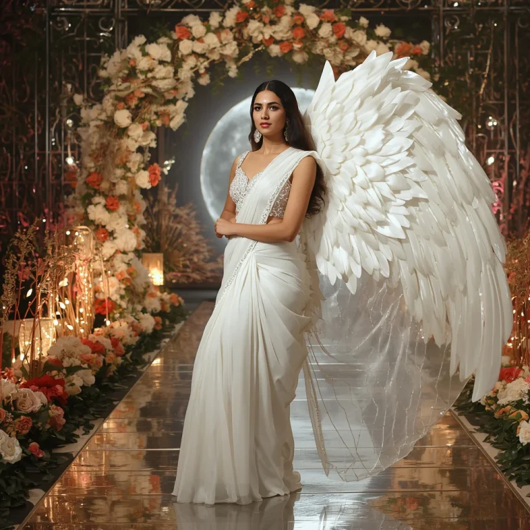 Luxury White Swan Wing Saree Pose with Moonlight Floral Palace Background | traditional saree prompt for girl online — AI image prompt