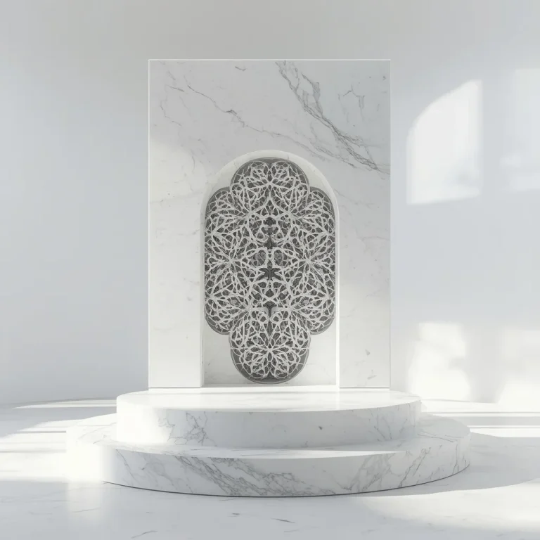 Majestic Hovering White Marble Podium With 3D Sculpted Silver Neural Filigree | Ai image prompt generator free download — AI image prompt