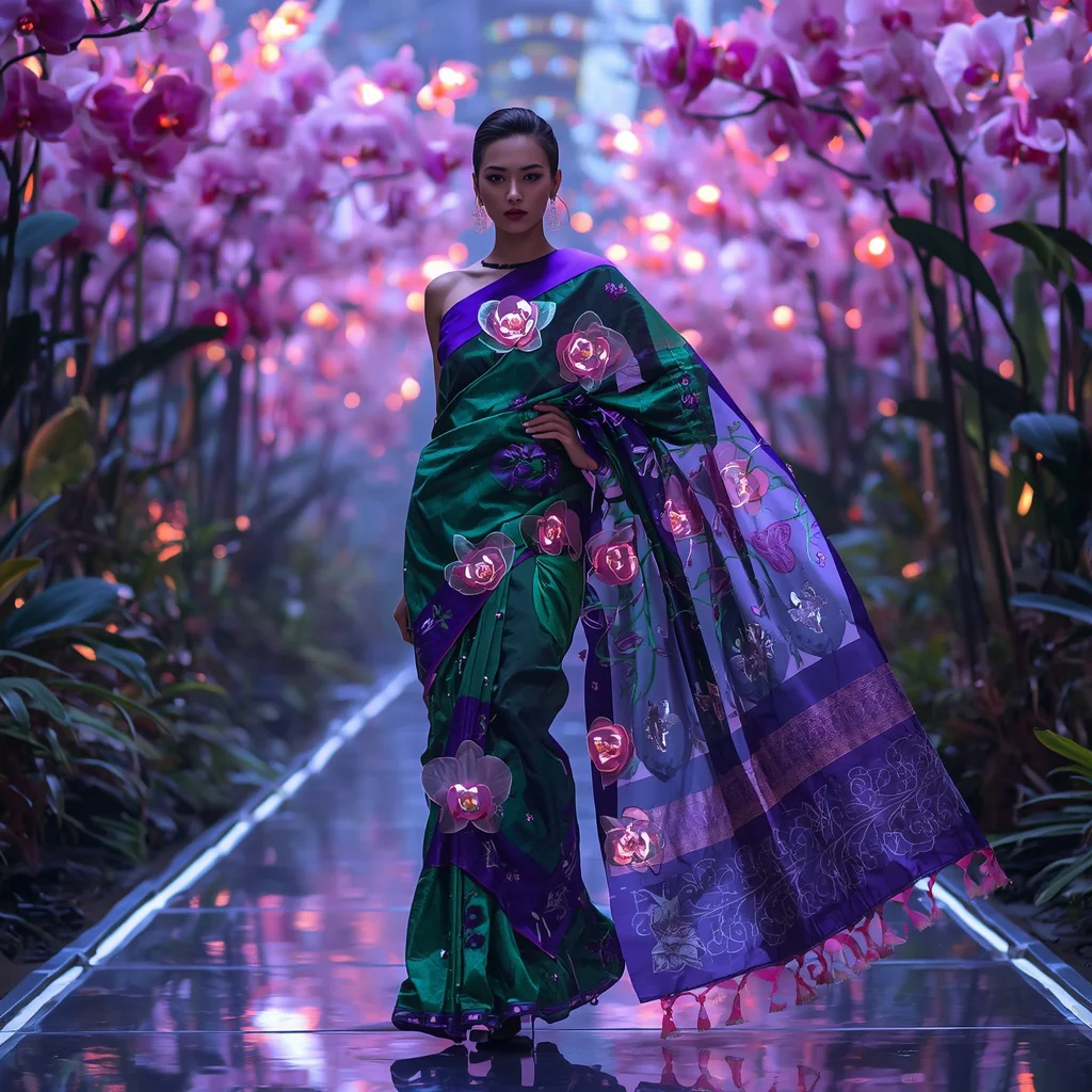 Neon Orchid Bio Reactor Singularity Saree with Living Light Dome Core Field | chatgpt photo editing prompts trending instagram — AI image prompt