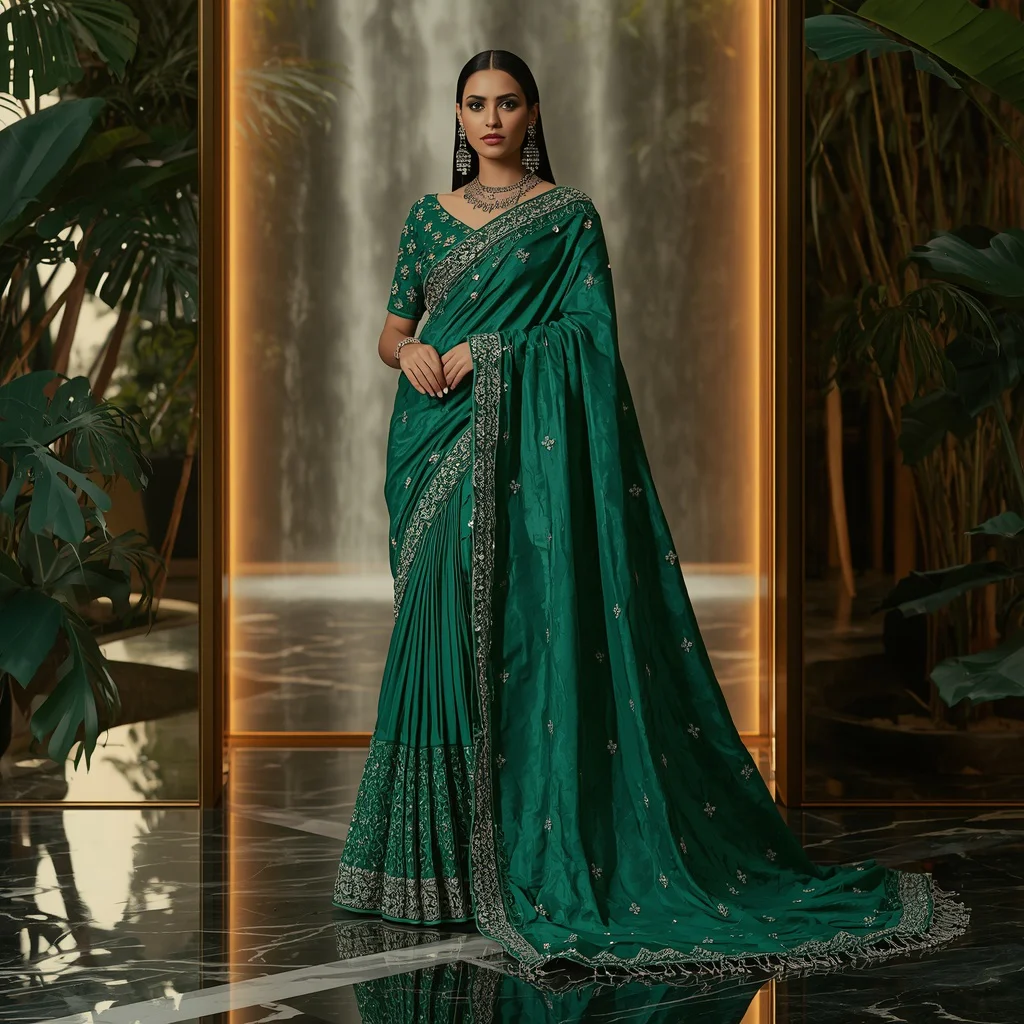 Premium Emerald Storm Saree Fashion with Rainforest Reflection Palace Background | prompt for saree look for girl instagram — AI image prompt