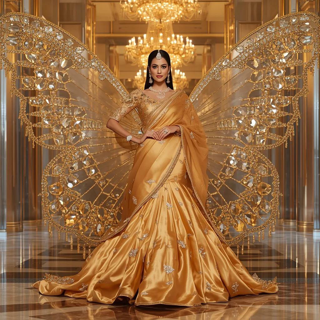Royal Golden Butterfly Saree Look with Giant Crystal Corridor Background | traditional prompt for gemini ai girl instagram — AI image prompt