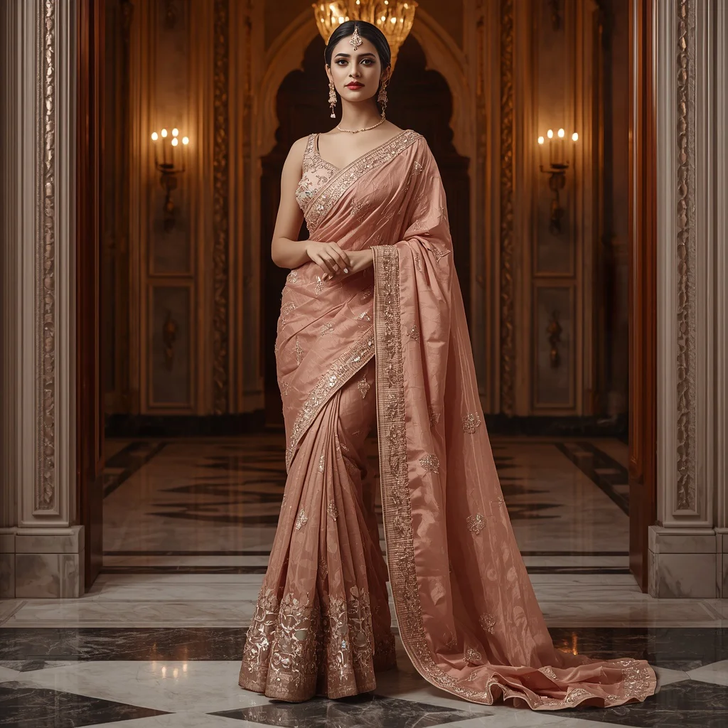 Royal Rose Gold Saree Fashion with Luxury Heritage Corridor Background | trending saree prompt for girl in english — AI image prompt