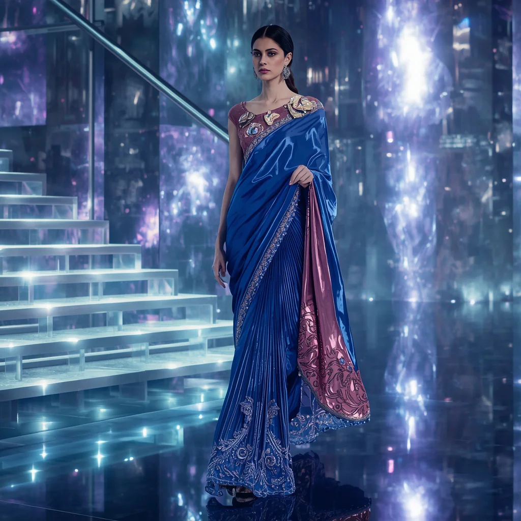 Sapphire Aurora Velocity Saree with Floating Prism Reflection Orbit Infinity Stair Atrium | instagram prompt for traditional look for girl — AI image prompt