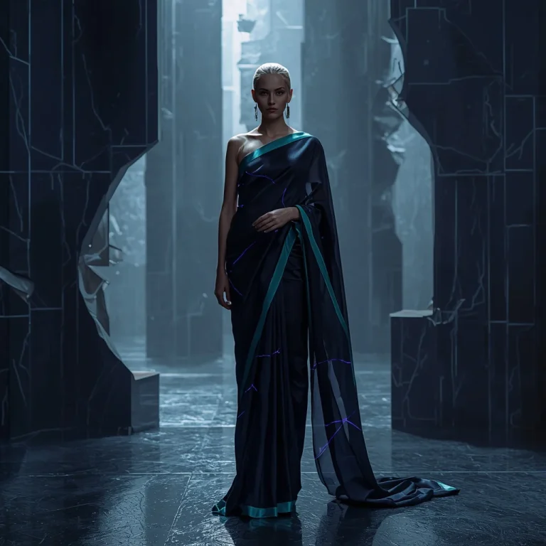 Ultra Futuristic Dimensional Silk Fracture Saree With Space Split Fabric And Controlled Reality Break System Design | prompt for girls college ai photo editing — AI image prompt