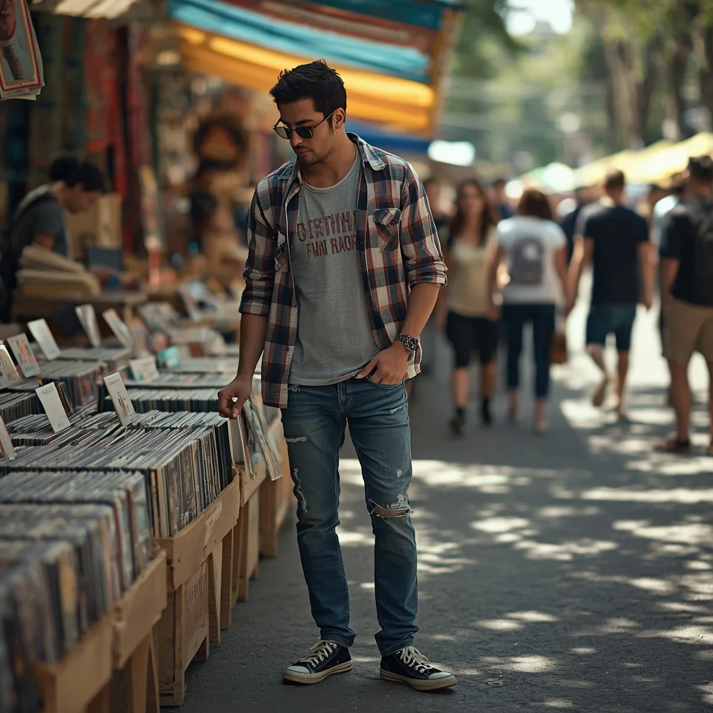 A Man’s Artistic Soul in a Casual Outfit at an Outdoor Market — AI image prompt