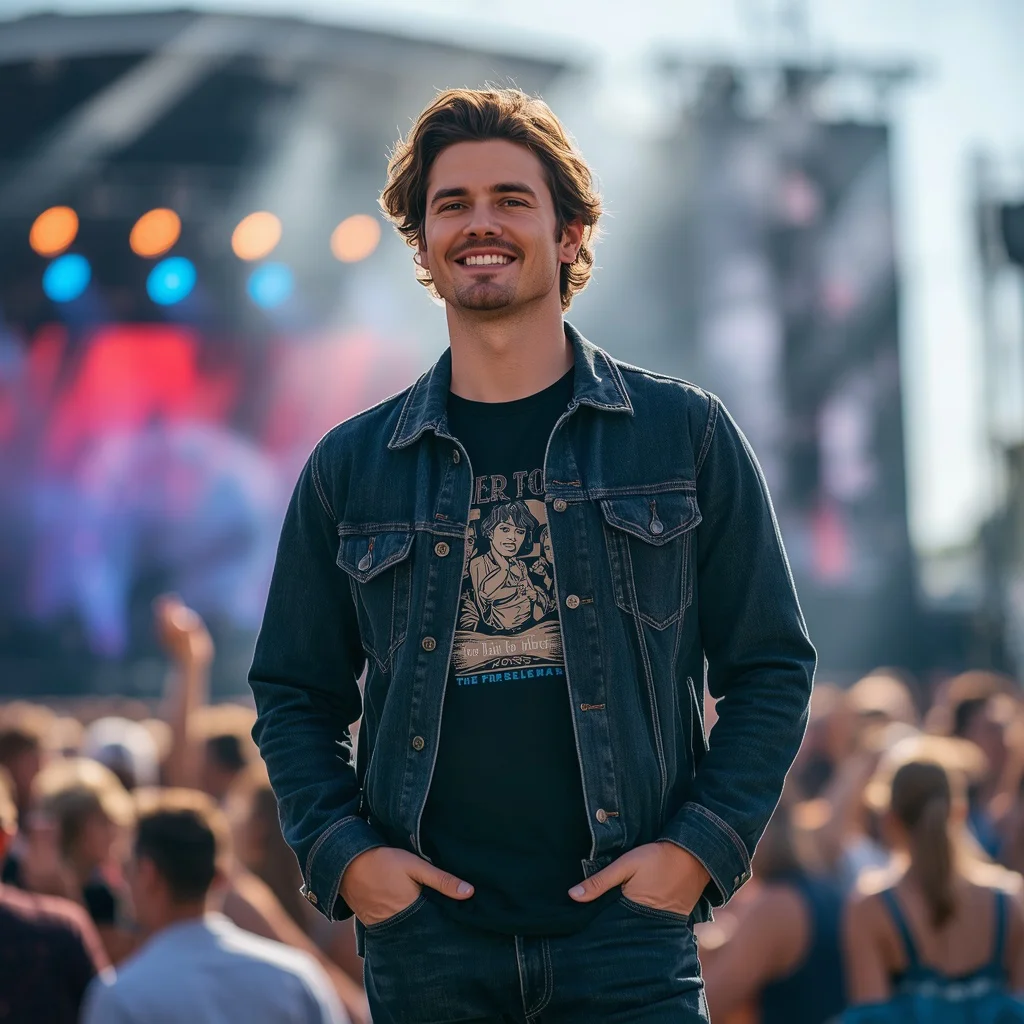 A Man’s Confident Presence in a Denim Jacket at a Festival — AI image prompt