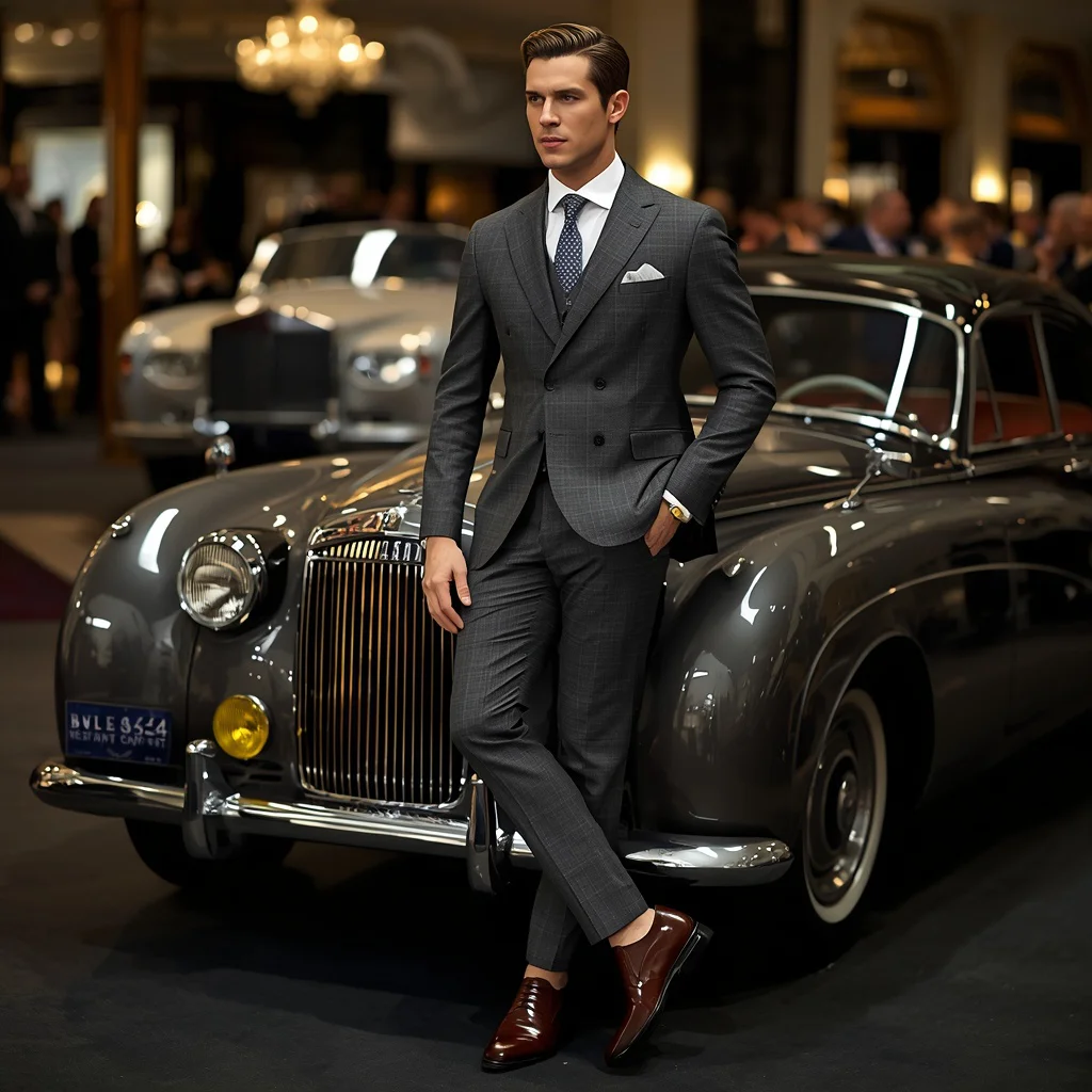 A Man’s Suave Demeanor in a Bespoke Suit at a Luxury Car Show — AI image prompt