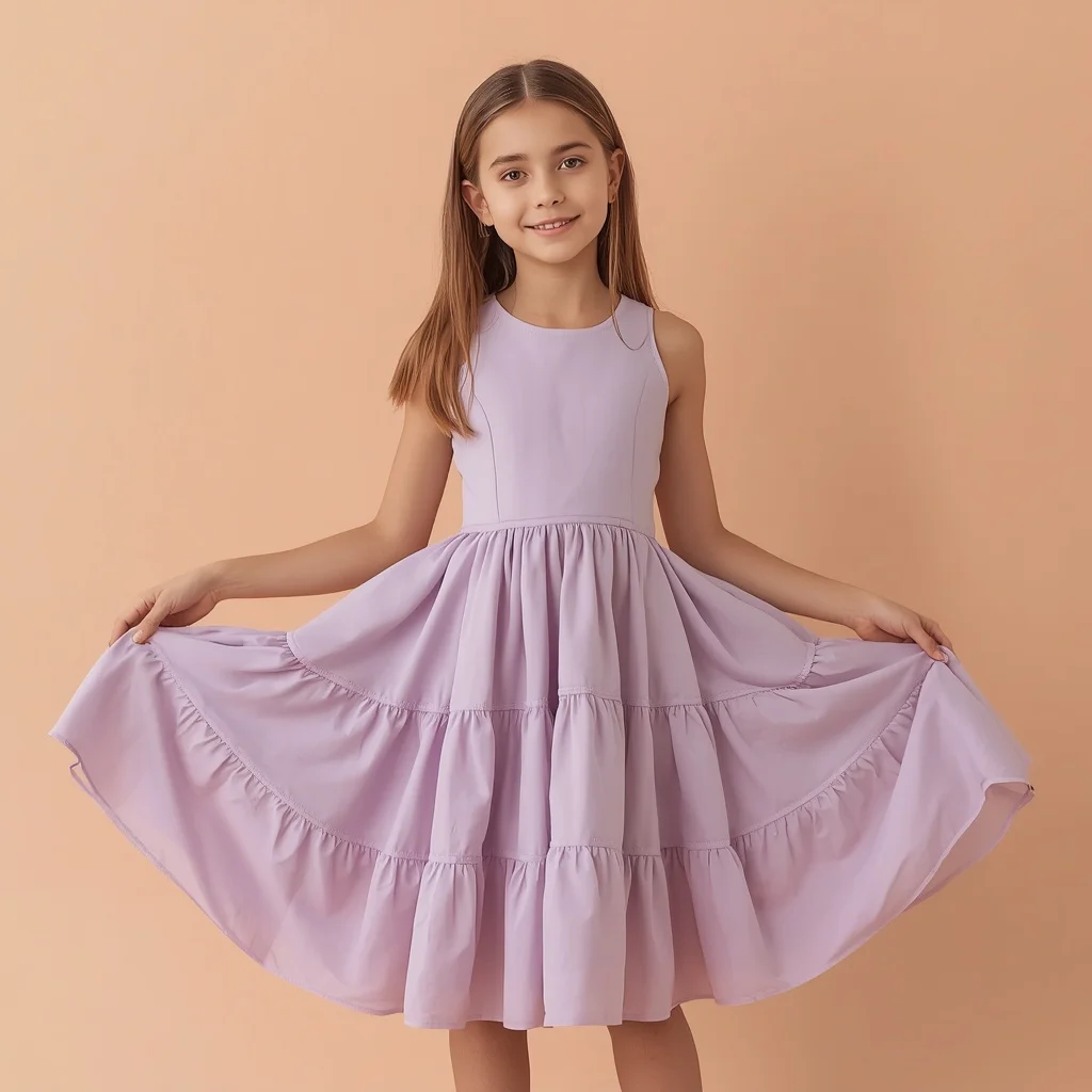 Beautiful Girl in Flirty Lilac Tiered Party Dress — AI image prompt