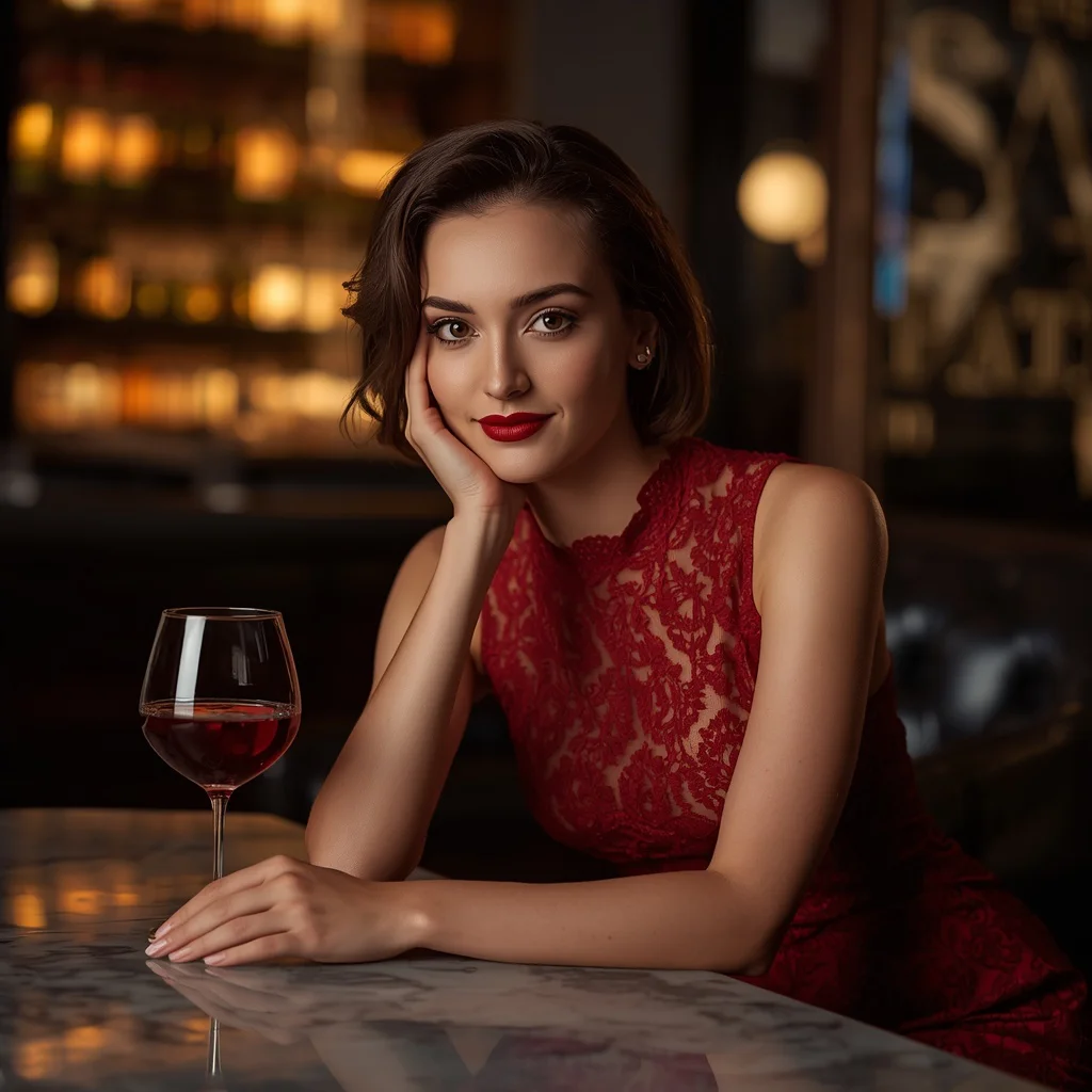 Beautiful Girl In Red Lace Cocktail Dress Lounge — AI image prompt