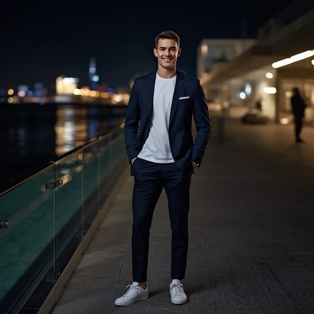Man Confidently Posing Against a Modern Waterfront Promenade — AI image prompt