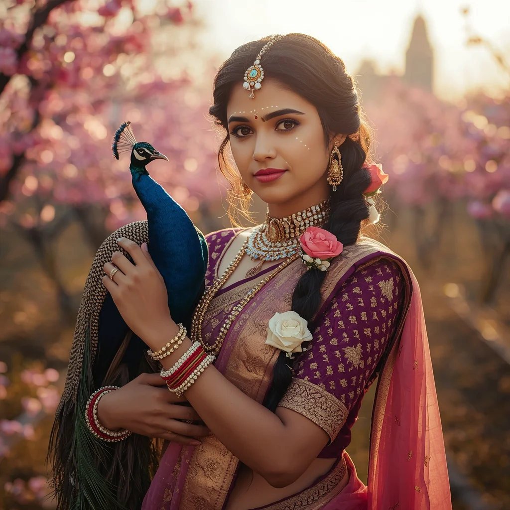 Radha Rani with Peacock in Blooming Temple Garden — AI image prompt