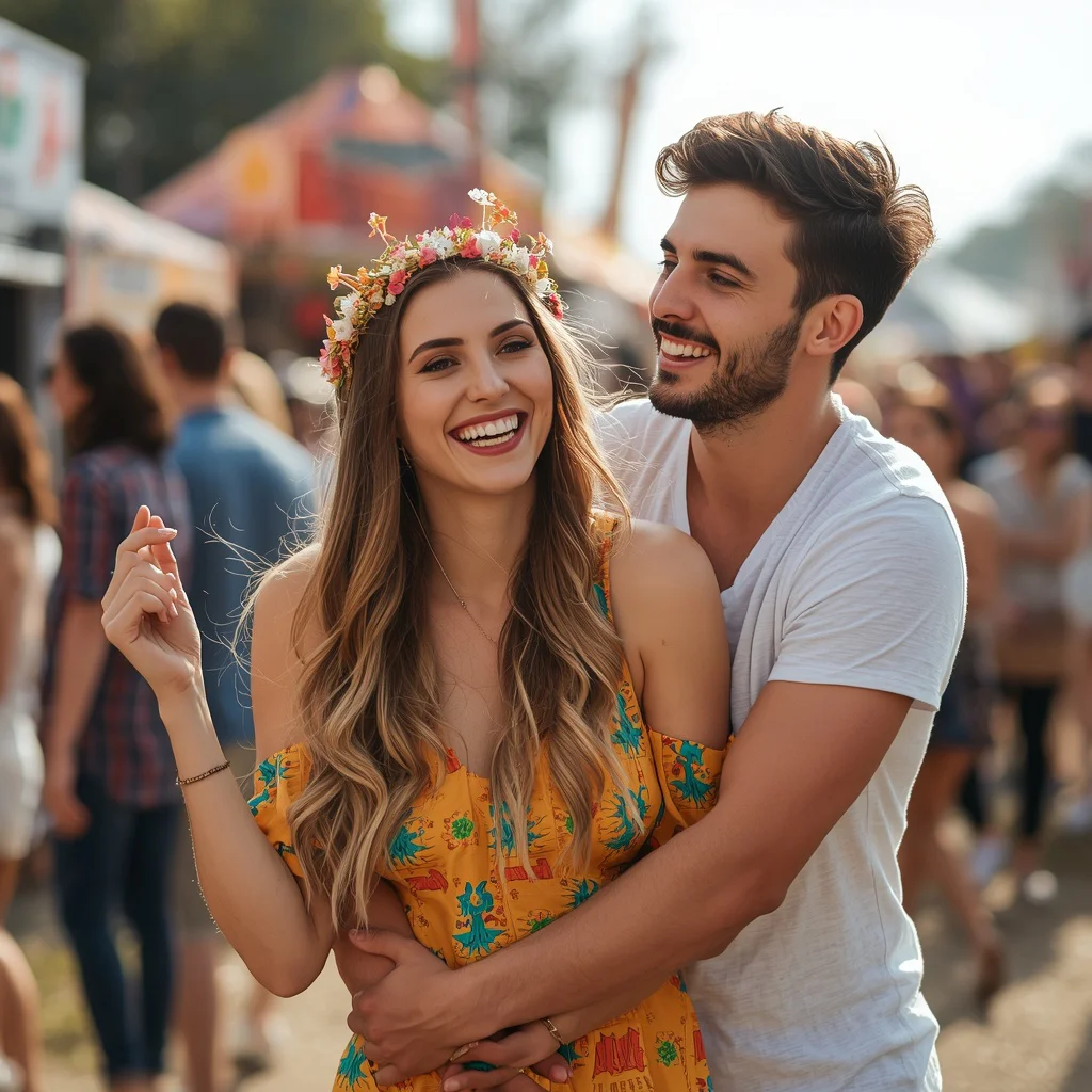 Romantic Couple Sharing a Playful Moment at an Outdoor Festival — AI image prompt