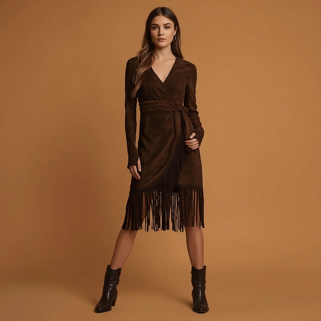Western Theme Suede Wrap Dress on Beautiful Female — AI image prompt
